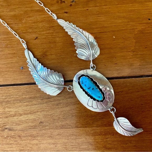 Native American Sterling Silver and Turquoise Feather Necklace - Picture 4 of 8